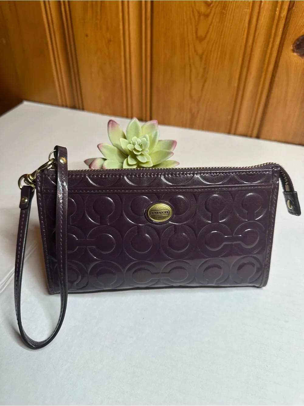 Coach Plum Embossed Patent Leather Wristlet Clutch